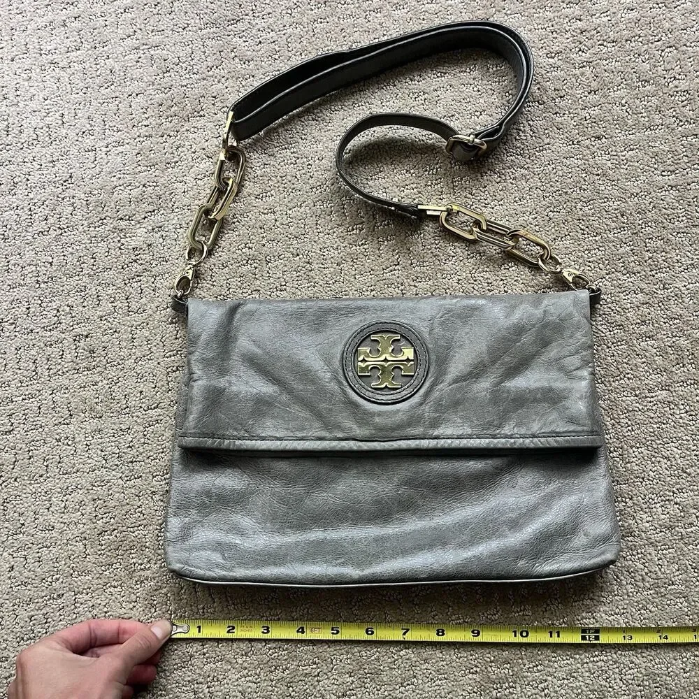 Tory Burch Convertible City Messenger Gray Leather Gold Chain Foldover Crossbody